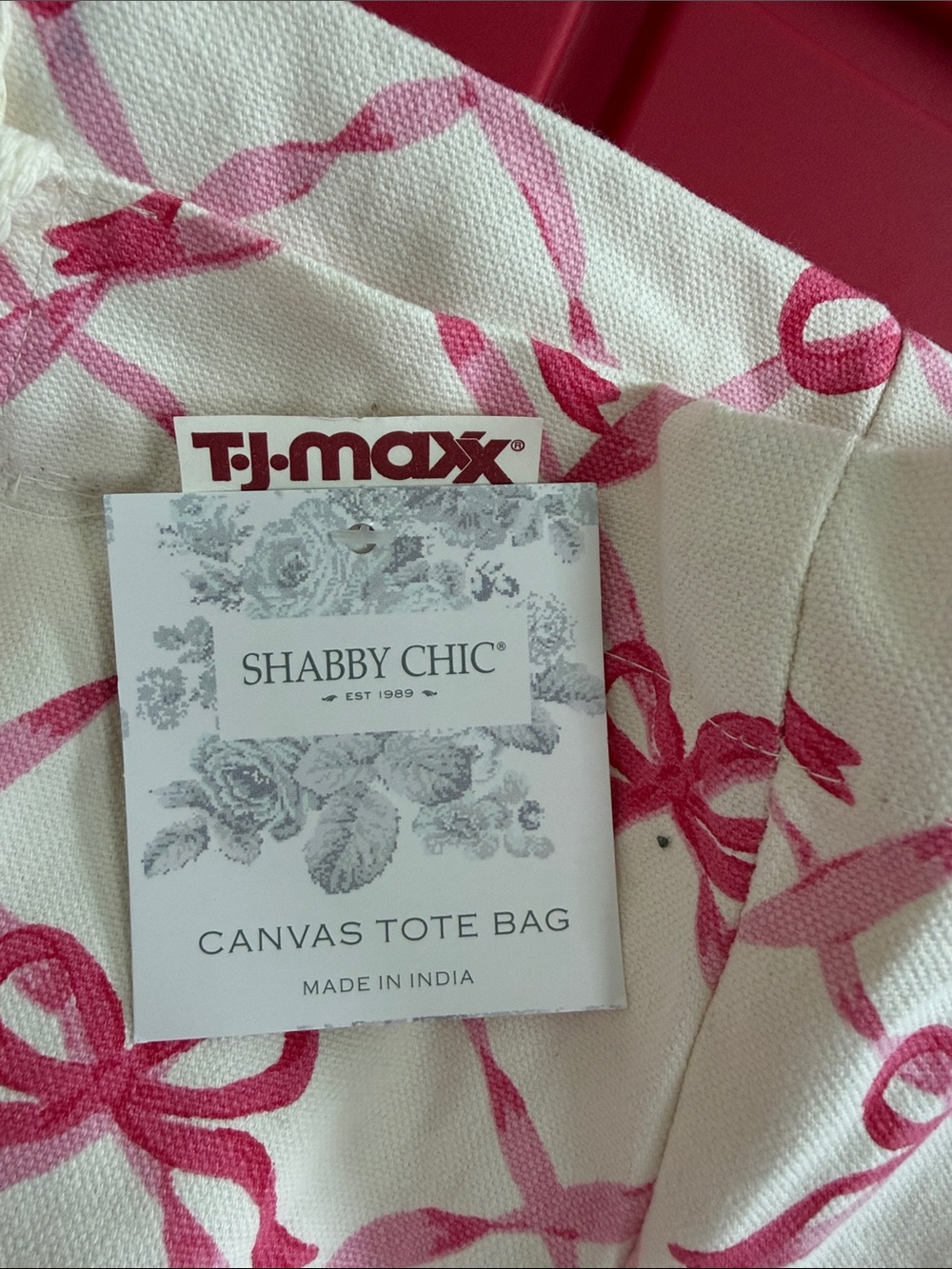 T.J.Maxx Cream Canvas Tote with Pink Bow Print - Picture 2 of 3